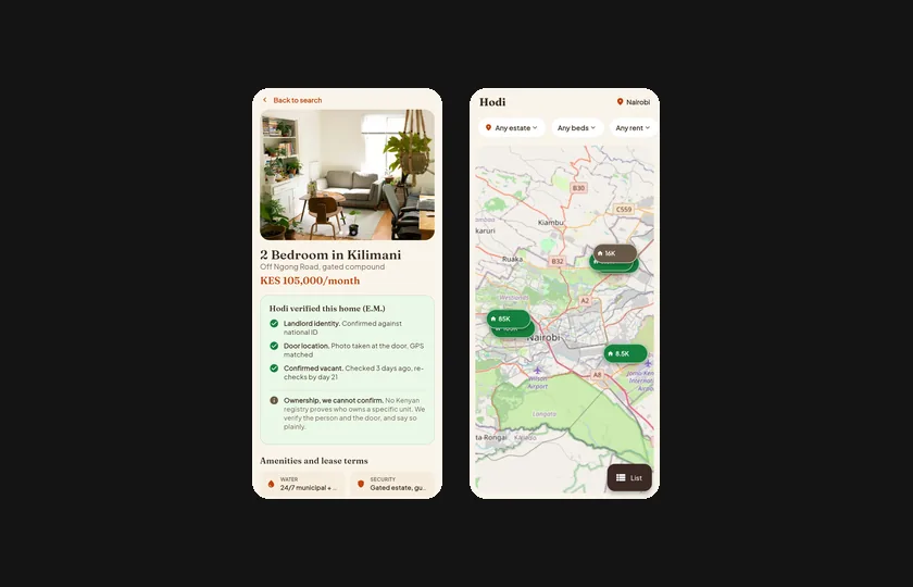 Hodi listing and map screens