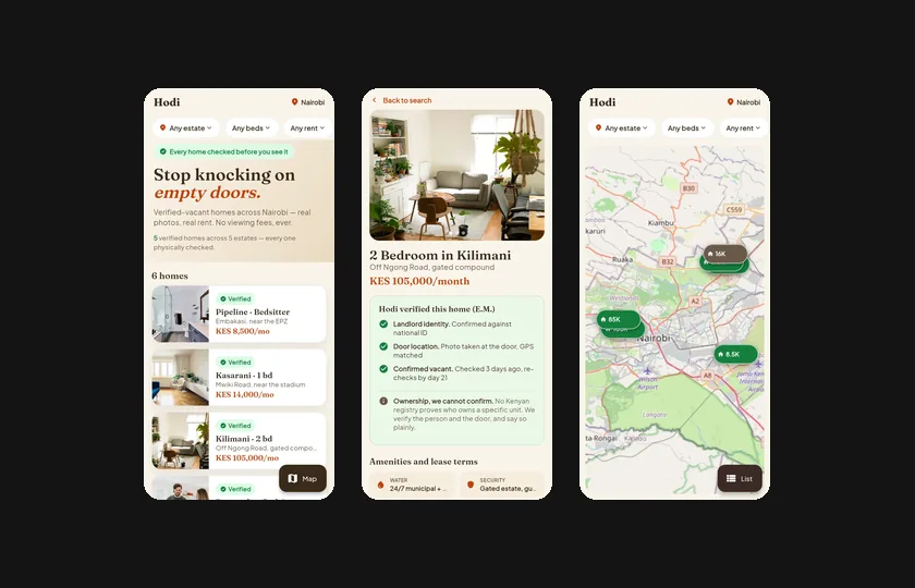 Hodi renter app: home, listing and map screens