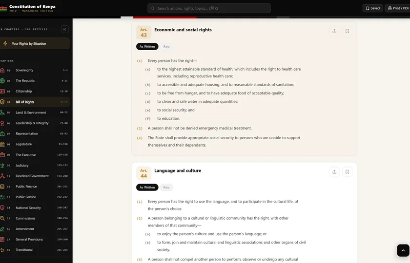 Raia Nation reader showing an article of the Constitution